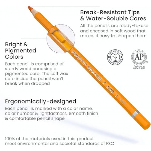 Arteza 수채화 연필, 예술가용 색연필 72개, 주석 상자에 담긴 수성 색연필, 색칠, 블렌딩 및 레이어링을 위한 미술 용품