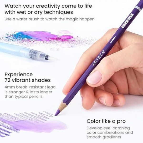 Arteza 수채화 연필, 예술가용 색연필 72개, 주석 상자에 담긴 수성 색연필, 색칠, 블렌딩 및 레이어링을 위한 미술 용품