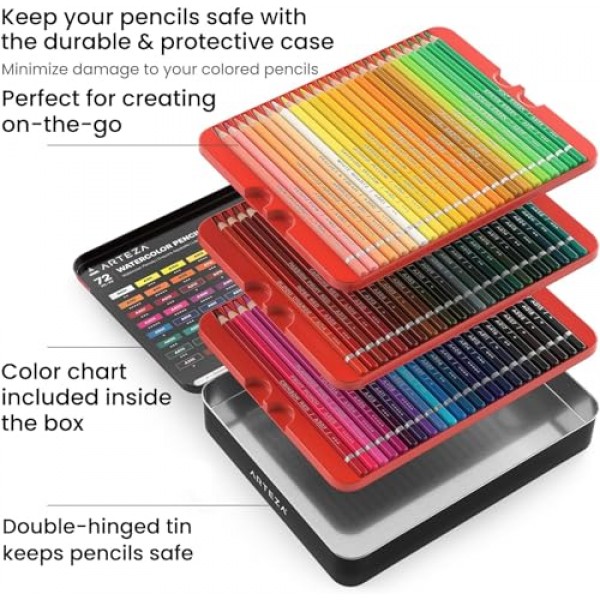 Arteza 수채화 연필, 예술가용 색연필 72개, 주석 상자에 담긴 수성 색연필, 색칠, 블렌딩 및 레이어링을 위한 미술 용품