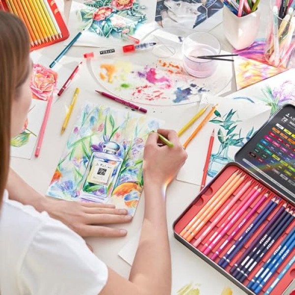 Arteza 수채화 연필, 예술가용 색연필 72개, 주석 상자에 담긴 수성 색연필, 색칠, 블렌딩 및 레이어링을 위한 미술 용품