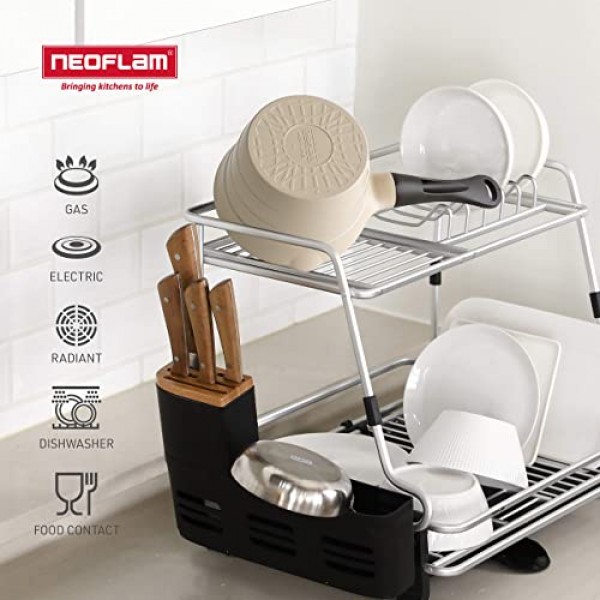 Neoflam 1qt 소스팬 버터 워머 우유 끓이기|용광로, Ecolon 건강 세라믹 논스틱 코팅 PFOA 무첨가, 2개 주입구, 식기세척기 사용 가능, 아이보리