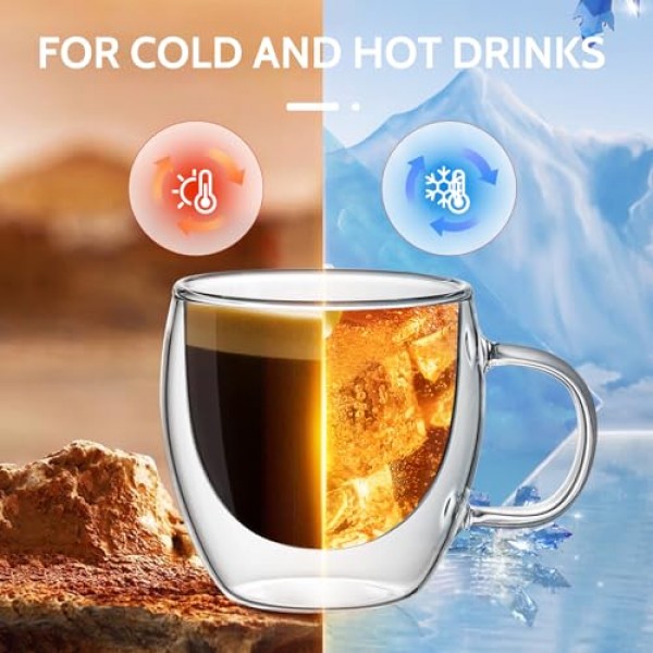 Sweese 5온스 이중 벽 유리 에스프레소 컵 2개 세트, 카푸치노, 라떼, 차에 딱 맞는 손잡이가 있는 절연 유리 커피 컵, 에스프레소 머신에 적합한 투명 유리 에스프레소 