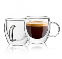 Sweese 5온스 이중 벽 유리 에스프레소 컵 2개 세트, 카푸치노, 라떼, 차에 딱 맞는 손잡이가 있는 절연 유리 커피 컵, 에스프레소 머신에 적합한 투명 유리 에스프레소 