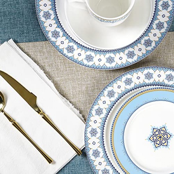 fanquare 16피스 ​​도자기 주방 식기류(머그 포함), 4인 서비스, 클라우드 그레인 페인팅 그릇, 접시, 밝은 파란색 디너 세트