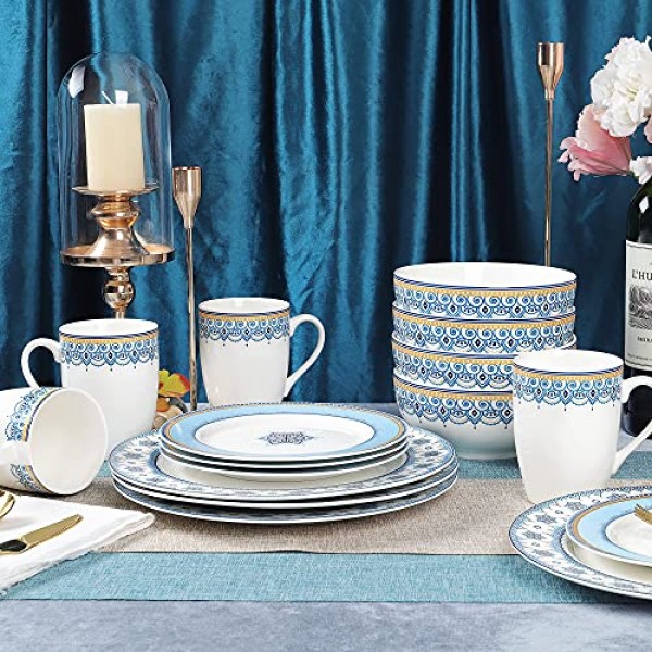 fanquare 16피스 ​​도자기 주방 식기류(머그 포함), 4인 서비스, 클라우드 그레인 페인팅 그릇, 접시, 밝은 파란색 디너 세트