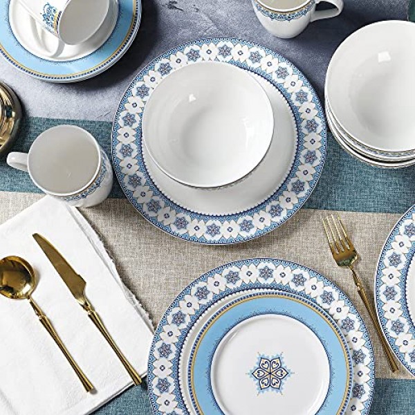 fanquare 16피스 ​​도자기 주방 식기류(머그 포함), 4인 서비스, 클라우드 그레인 페인팅 그릇, 접시, 밝은 파란색 디너 세트