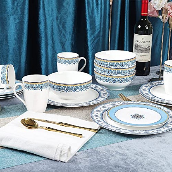 fanquare 16피스 ​​도자기 주방 식기류(머그 포함), 4인 서비스, 클라우드 그레인 페인팅 그릇, 접시, 밝은 파란색 디너 세트