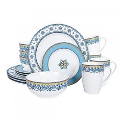 fanquare 16피스 ​​도자기 주방 식기류(머그 포함), 4인 서비스, 클라우드 그레인 페인팅 그릇, 접시, 밝은 파란색 디너 세트