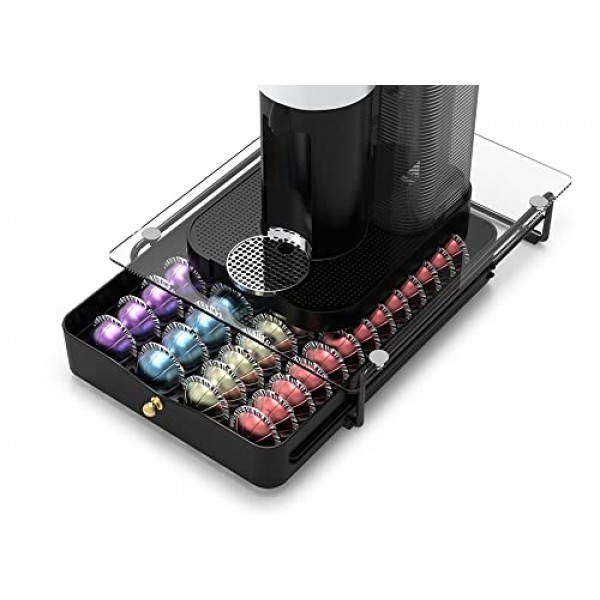 EVERIE 크리스탈 강화 유리 상단 정리함 서랍 홀더 Nespresso Vertuo 캡슐과 호환 가능, 40개의 대형 또는 52개의 소형 Vertuoline 포드와 호환 가능, NP02