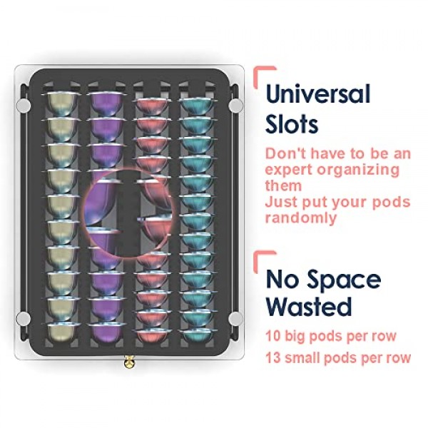 EVERIE 크리스탈 강화 유리 상단 정리함 서랍 홀더 Nespresso Vertuo 캡슐과 호환 가능, 40개의 대형 또는 52개의 소형 Vertuoline 포드와 호환 가능, NP02