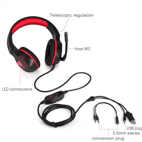 BUTFULAKE 게임용 헤드셋, LED가 있는 오디오 스테레오 베이스, 컨트롤러 Praxis가 있는 헤드폰, PS4, Xbox One, PC, 노트북, 태블릿, 스마트폰과 호환...(빨간색)