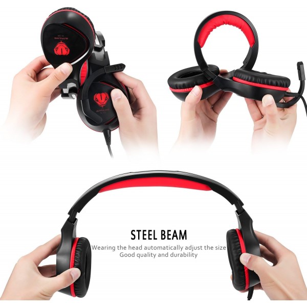 BUTFULAKE 게임용 헤드셋, LED가 있는 오디오 스테레오 베이스, 컨트롤러 Praxis가 있는 헤드폰, PS4, Xbox One, PC, 노트북, 태블릿, 스마트폰과 호환...(빨간색)