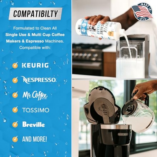 커피 머신 디스케일러 디스케일링 솔루션 - 32온스(8개 용도) Keurig, Nespresso, Breville, Delonghi, Jura, Ninja와 호환 가능 - 에스프레소 커피 메이커 클리너, 커피 포트 청소 석