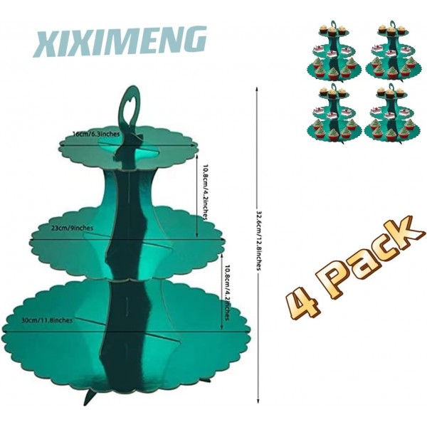 XIXIMENG 4 PACK 골판지 컵케익 스탠드 3단 레이스 에지 디저트 스탠드, 골판지 컵케익 스탠드(녹색)