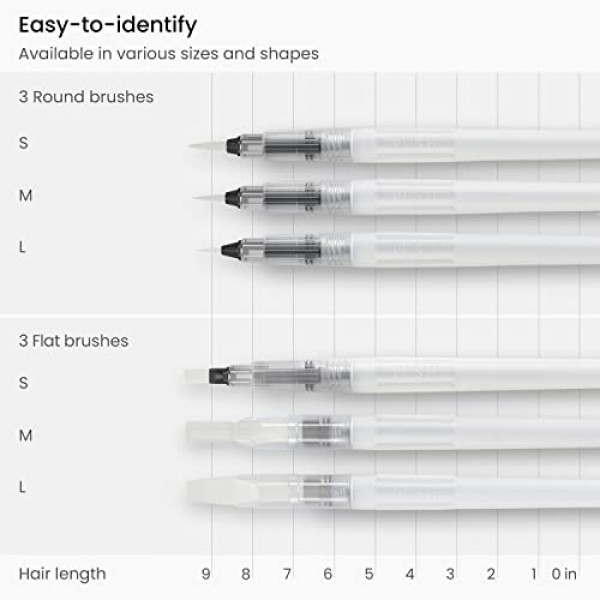 Arteza 워터 브러쉬 6개 세트 - 가는 팁, 중간 및 넓은 팁, 자체 보습, 휴대용, 수채화 및 수채화에 적합