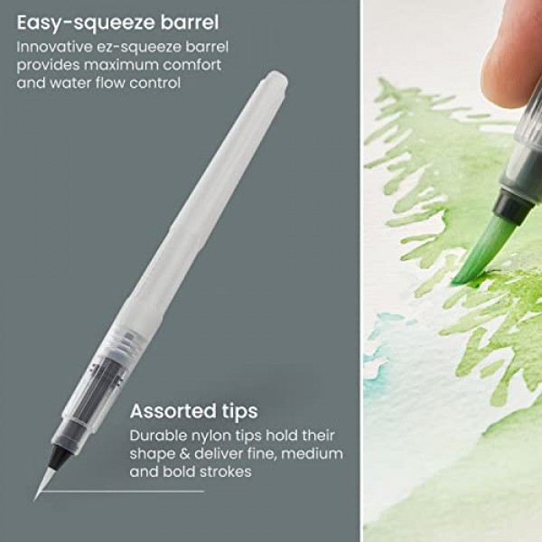 Arteza 워터 브러쉬 6개 세트 - 가는 팁, 중간 및 넓은 팁, 자체 보습, 휴대용, 수채화 및 수채화에 적합