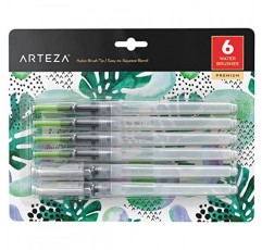 Arteza 워터 브러쉬 6개 세트 - 가는 팁, 중간 및 넓은 팁, 자체 보습, 휴대용, 수채화 및 수채화에 적합