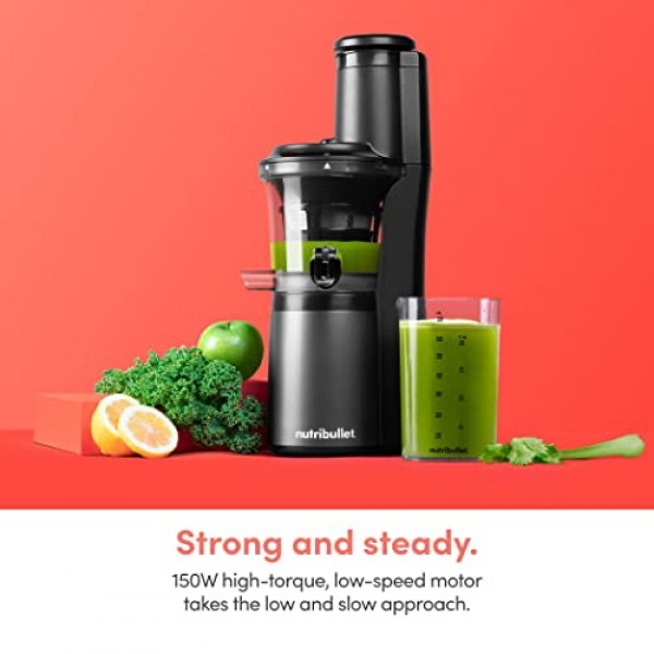 nutribullet 슬로우 주서기, 저속 저작 주서기, 청소 용이, 조용한 모터 및 역방향 기능, BPA 프리, 브러시가 포함된 콜드 프레스 주서기, 150와트, 차콜 블랙, NBJ50300, 24온스