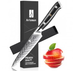 Arisman 일본식 다마스커스 유틸리티 나이프 5인치, VG-10 커팅 코어 67층 다마스커스 강철, 야채와 과일용 풀 탱 인체공학적 G10 손잡이가 있는 울트라 샤프 주방 페티 나