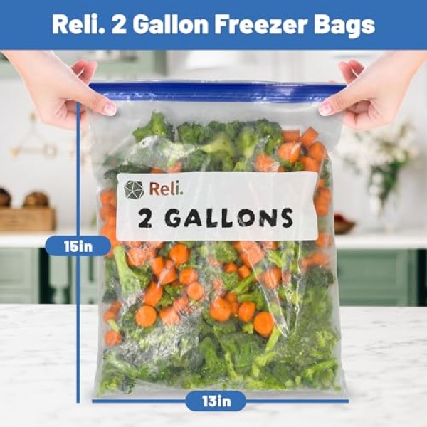 렐리. 2갤런 냉동고 백(125개) 13x15인치 냉동고 백 2갤런 점보 | 이중 지퍼 냉동백, 눌러서 밀봉 | 라벨에 쓰기 | 2갤런 식품 보관 가방 | 대용량 냉동고 가방 - 대형, 투명