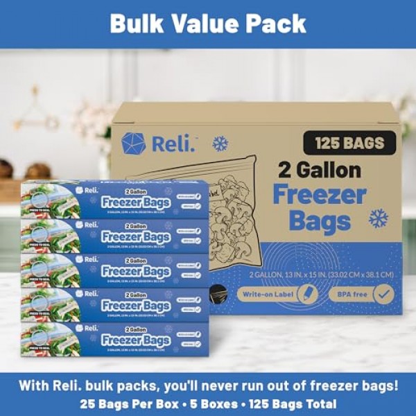렐리. 2갤런 냉동고 백(125개) 13x15인치 냉동고 백 2갤런 점보 | 이중 지퍼 냉동백, 눌러서 밀봉 | 라벨에 쓰기 | 2갤런 식품 보관 가방 | 대용량 냉동고 가방 - 대형, 투명