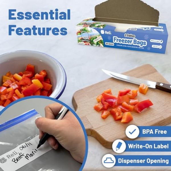 렐리. 2갤런 냉동고 백(125개) 13x15인치 냉동고 백 2갤런 점보 | 이중 지퍼 냉동백, 눌러서 밀봉 | 라벨에 쓰기 | 2갤런 식품 보관 가방 | 대용량 냉동고 가방 - 대형, 투명