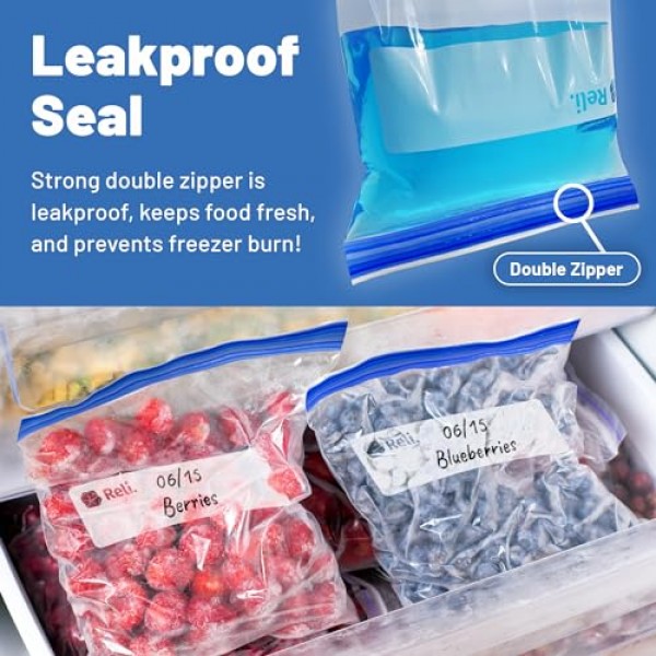 렐리. 2갤런 냉동고 백(125개) 13x15인치 냉동고 백 2갤런 점보 | 이중 지퍼 냉동백, 눌러서 밀봉 | 라벨에 쓰기 | 2갤런 식품 보관 가방 | 대용량 냉동고 가방 - 대형, 투명