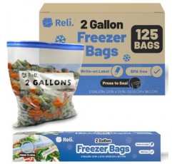 렐리. 2갤런 냉동고 백(125개) 13x15인치 냉동고 백 2갤런 점보 | 이중 지퍼 냉동백, 눌러서 밀봉 | 라벨에 쓰기 | 2갤런 식품 보관 가방 | 대용량 냉동고 가방 - 대형, 투명