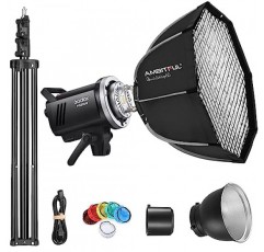 Godox MS300V 스트로브 라이트 키트, 300W 스튜디오 스트로브 라이트, 2.4G 무선 시스템, 재활용 시간 0.1~1.8S, 보웬스 마운트 LED 모델링 램프, QS65 빠른 설치 소프트박스 + 라