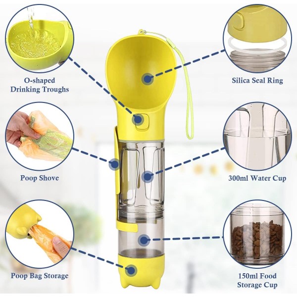 Barrageon 강아지 물병 음료수 병 애완 동물 음료수 병 500ML 쓰레기 국자가있는 휴대용 수유 용기 7 롤 x 350 애완 동물 똥 가방 야외 캠핑 워킹 (노란색) 500ML 물 노란색