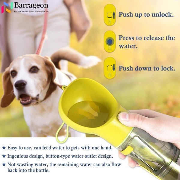 Barrageon 강아지 물병 음료수 병 애완 동물 음료수 병 500ML 쓰레기 국자가있는 휴대용 수유 용기 7 롤 x 350 애완 동물 똥 가방 야외 캠핑 워킹 (노란색) 500ML 물 노란색