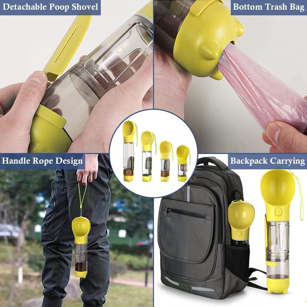 Barrageon 강아지 물병 음료수 병 애완 동물 음료수 병 500ML 쓰레기 국자가있는 휴대용 수유 용기 7 롤 x 350 애완 동물 똥 가방 야외 캠핑 워킹 (노란색) 500ML 물 노란색