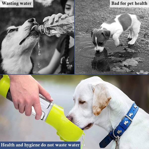 Barrageon 강아지 물병 음료수 병 애완 동물 음료수 병 500ML 쓰레기 국자가있는 휴대용 수유 용기 7 롤 x 350 애완 동물 똥 가방 야외 캠핑 워킹 (노란색) 500ML 물 노란색