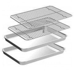 냉각 랙 세트가 포함된 쿼터 시트 팬 [베이킹 시트 2개 + 베이킹 랙 2개], 베이킹 및 와이어 랙용 CEKEE 스테인레스 스틸 쿠키 시트 - 녹 방지 및 뒤틀림 방지 및 붙지 않음