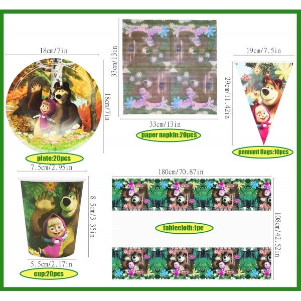 SHAMO 62개 동물 생일 어린이 파티 식기 세트 20인용 파티 액세서리, 마샤와 곰, 종이 접시, 컵, 식탁보, 냅킨, 어린이 생일 파티용 배너