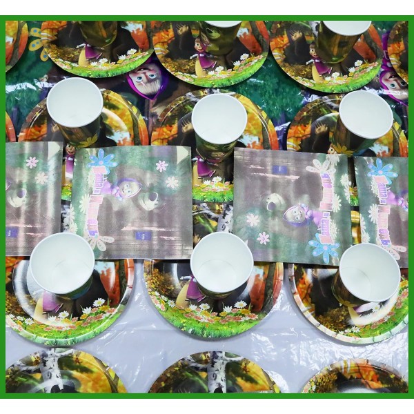 SHAMO 62개 동물 생일 어린이 파티 식기 세트 20인용 파티 액세서리, 마샤와 곰, 종이 접시, 컵, 식탁보, 냅킨, 어린이 생일 파티용 배너