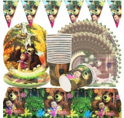 SHAMO 62개 동물 생일 어린이 파티 식기 세트 20인용 파티 액세서리, 마샤와 곰, 종이 접시, 컵, 식탁보, 냅킨, 어린이 생일 파티용 배너