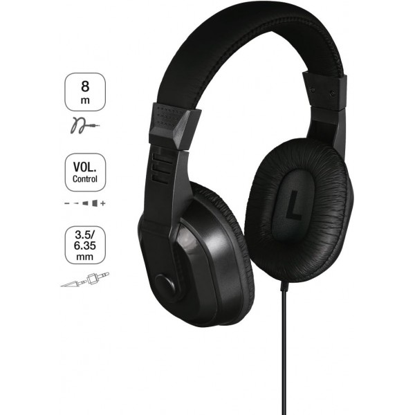 긴 케이블이 포함된 Thomson TV 헤드폰(오버이어, 케이블 길이 8m, TV 시청 및 음악 감상용, 볼륨 컨트롤 포함, 6.35mm 어댑터가 포함된 3.5mm 잭 플러그, 스테레오 TV 헤드폰) 