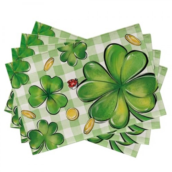 셀리엠 성 패트릭의 날 클로버 플레이스 매트 4개 세트, 토끼풀 금화 격자 무늬 체크 농가 식탁 장소 매트, 무당벌레 아일랜드 휴일 주방 장식 홈 인테리어 12x18 인치