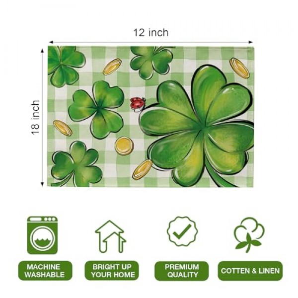 셀리엠 성 패트릭의 날 클로버 플레이스 매트 4개 세트, 토끼풀 금화 격자 무늬 체크 농가 식탁 장소 매트, 무당벌레 아일랜드 휴일 주방 장식 홈 인테리어 12x18 인치