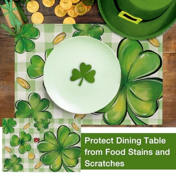 셀리엠 성 패트릭의 날 클로버 플레이스 매트 4개 세트, 토끼풀 금화 격자 무늬 체크 농가 식탁 장소 매트, 무당벌레 아일랜드 휴일 주방 장식 홈 인테리어 12x18 인치