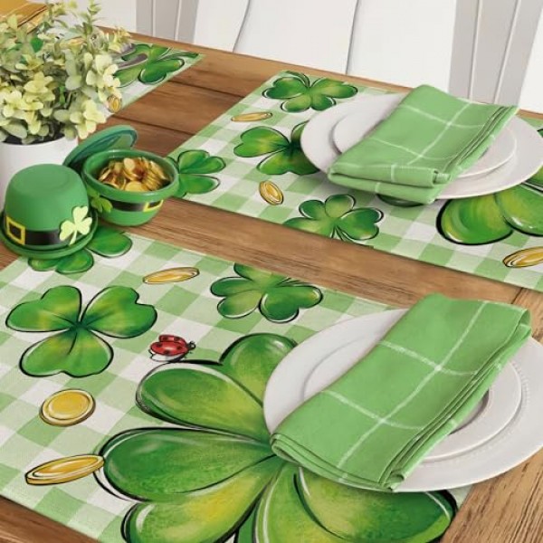 셀리엠 성 패트릭의 날 클로버 플레이스 매트 4개 세트, 토끼풀 금화 격자 무늬 체크 농가 식탁 장소 매트, 무당벌레 아일랜드 휴일 주방 장식 홈 인테리어 12x18 인치