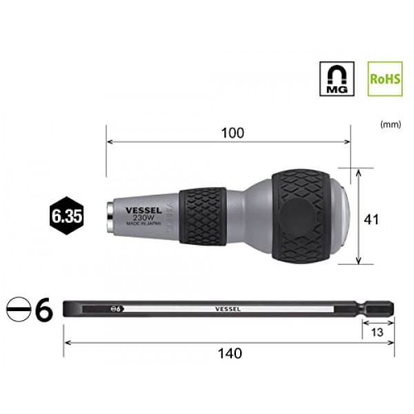 VESSEL 볼 그립(비트 교체형 탱쓰루 드라이버) [No.230W-6](슬롯 6)(일본 수입)