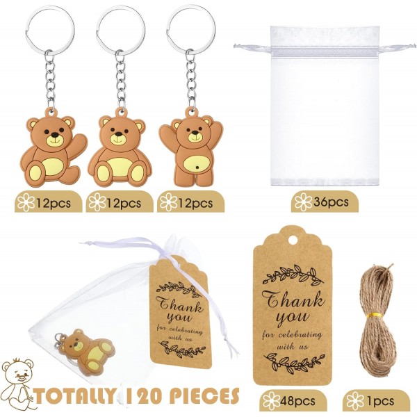 120 Pcs 곰 베이비 샤워 호의 곰 파티 호의, Organza 가방이있는 귀여운 곰 키 체인 감사합니다 Kraft 태그 및 손님을위한 20 미터 로프 소녀 소년 생일 파티 용품 장식 반환 