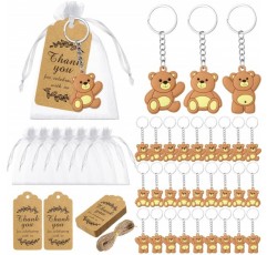 120 Pcs 곰 베이비 샤워 호의 곰 파티 호의, Organza 가방이있는 귀여운 곰 키 체인 감사합니다 Kraft 태그 및 손님을위한 20 미터 로프 소녀 소년 생일 파티 용품 장식 반환 