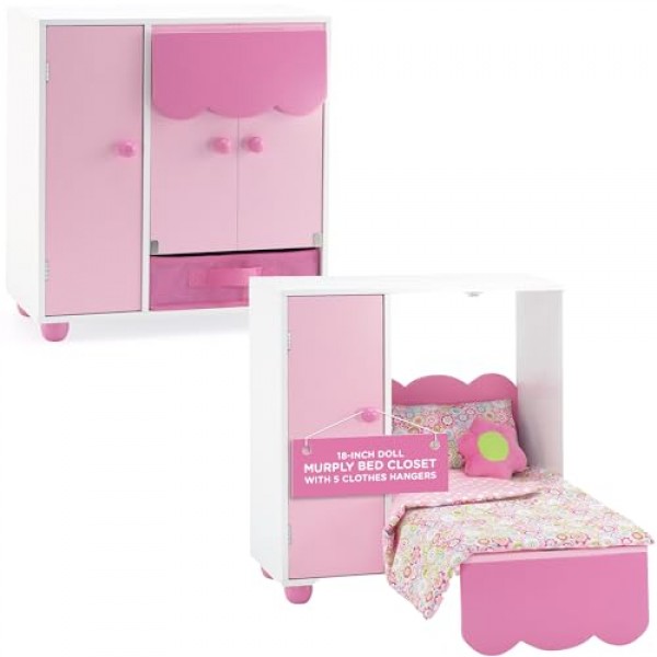 Emily Rose 공간 절약형 18인치 인형 머피 침대 가구 옷장 세트, 5개의 행거 및 의류 보관함 포함 | 엄마의 선택 수상작! | 16-19인치 인형에 적합