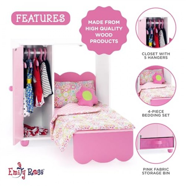 Emily Rose 공간 절약형 18인치 인형 머피 침대 가구 옷장 세트, 5개의 행거 및 의류 보관함 포함 | 엄마의 선택 수상작! | 16-19인치 인형에 적합