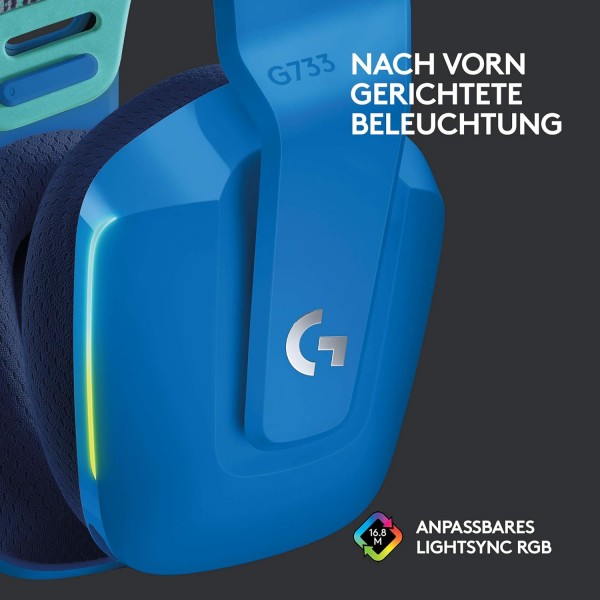 로지텍 G733 LIGHTSPEED 무선 게이밍 헤드셋, 헤드밴드, LIGHTSYNC RGB, Blue VO!CE 마이크 기술, PRO G 스피커, 초경량, 29시간 배터리 수명, 20m 범위 - Blue Blue G733