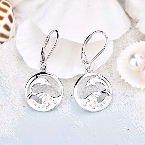 JO WISDOM 여성용 귀걸이 돌고래 동물 부적 귀걸이 925 실버 매달려 여성 3A 큐빅 지르코니아 쥬얼리
