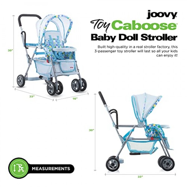 Joovy Toy Caboose Baby Doll 유모차는 리클라이닝 앞좌석, 조절식 발판, 보관 바구니, 확장형 캐노피 및 스낵 트레이를 갖추고 있으며 인형 3개(파란색 점) 수납 가능